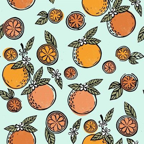 oranges  linocut fabric - oranges woodcut, orange, orange fabric, citrus, fruits fabric, citrus fruit fabric, orange fabric - light mint