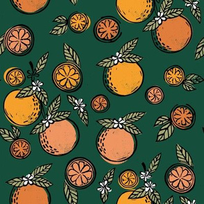 oranges  linocut fabric - oranges woodcut, orange, orange fabric, citrus, fruits fabric, citrus fruit fabric, orange fabric - dark green
