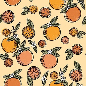 oranges  linocut fabric - oranges woodcut, orange, orange fabric, citrus, fruits fabric, citrus fruit fabric, orange fabric - yellow