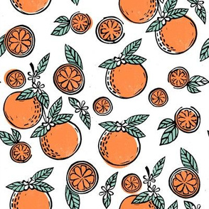 oranges  linocut fabric - oranges woodcut, orange, orange fabric, citrus, fruits fabric, citrus fruit fabric, orange fabric - white