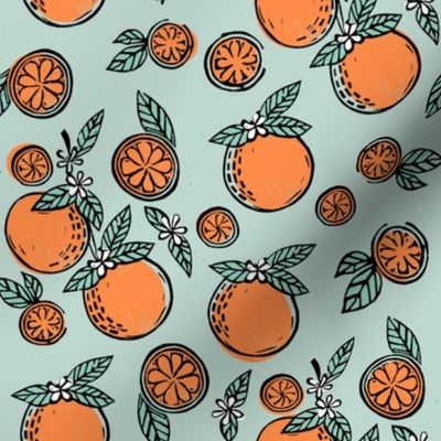 oranges  linocut fabric - oranges woodcut, orange, orange fabric, citrus, fruits fabric, citrus fruit fabric, orange fabric -mint