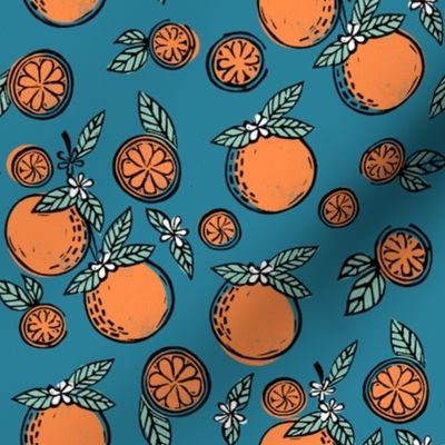 oranges linocut fabric - oranges woodcut, orange, orange fabric, citrus, fruits fabric, citrus fruit fabric, orange fabric - blue