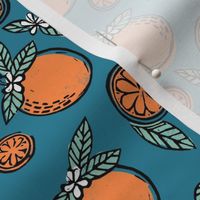 oranges linocut fabric - oranges woodcut, orange, orange fabric, citrus, fruits fabric, citrus fruit fabric, orange fabric - blue