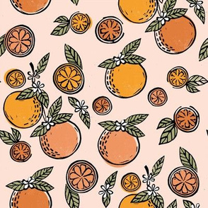 oranges  linocut fabric - oranges woodcut, orange, orange fabric, citrus, fruits fabric, citrus fruit fabric, orange fabric -peach