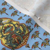 art nouveau dragon fantasy, small scale, blue purple yellow red orange brown green black white