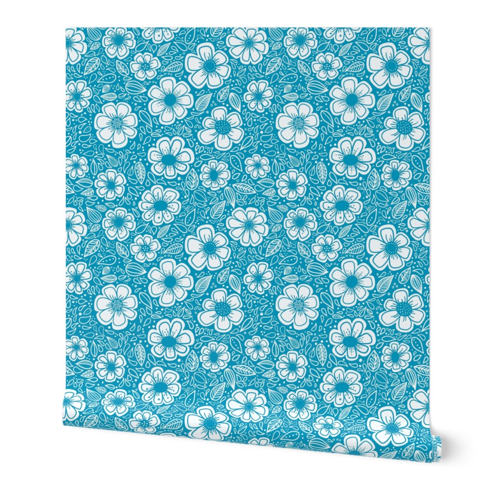 Happy Painterly Flowers in Turquoise