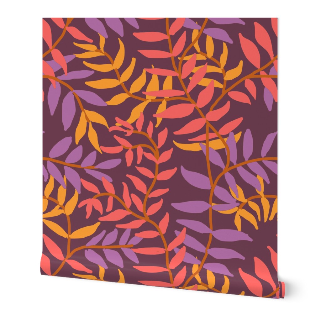 Ferny Vines in Purple Gold and Coral Pink