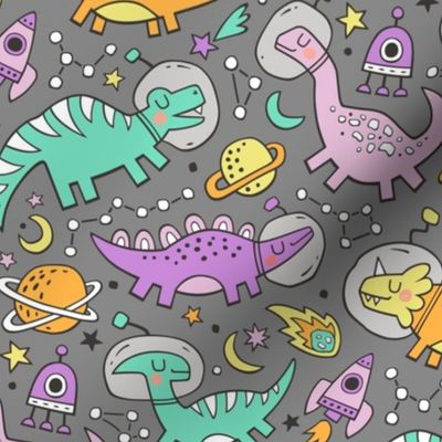 Dinosaurs in Space Purple on Grey