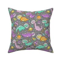 Dinosaurs in Space Purple on Grey