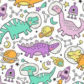 Dinosaurs in Space Purple on White
