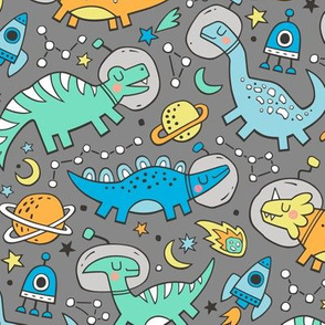 Dinosaurs in Space Blue on Grey