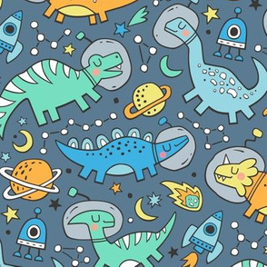 Dinosaurs in Space Blue on Dark Blue