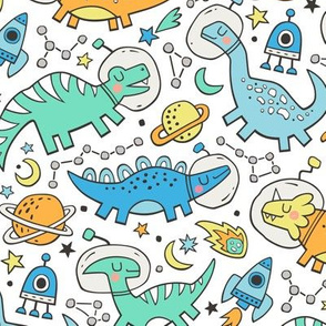 Dinosaurs in Space Blue on White
