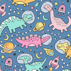 Dinosaurs in Space Pink Mint Green on Navy Blue