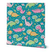 Dinosaurs in Space Pink On Dark Green