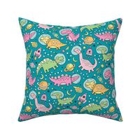 Dinosaurs in Space Pink On Dark Green