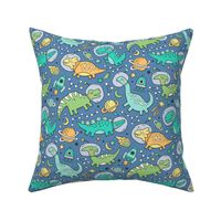 Dinosaurs in Space Green on Navy Blue