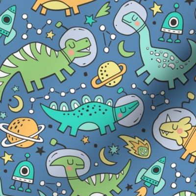 Dinosaurs in Space Green on Navy Blue