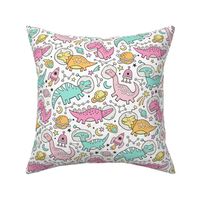 Dinosaurs in Space Light Pink Green on White