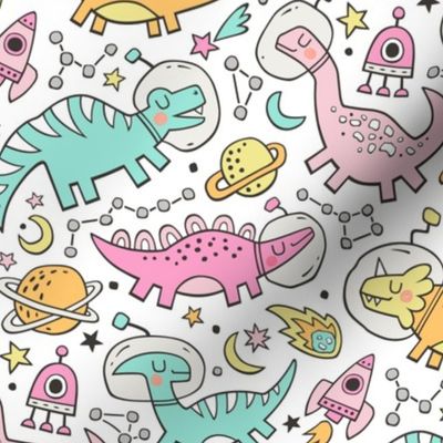 Dinosaurs in Space Light Pink Green on White
