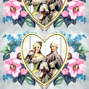 yellow hearts frame border pink blue flowers leaves floral  Marie Antoinette inspired baroque rococo Victorian lady gentleman lovers couples dress roses bows puffy sleeves boyfriend girlfriend white yellow ballgown flowers  love romantic  beautiful female