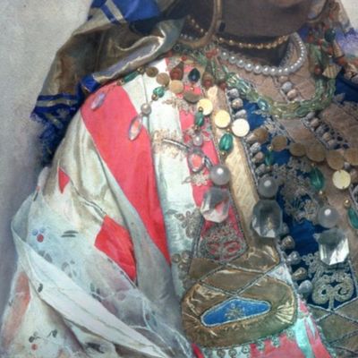 north africa Tangiers Morocco black woman portrait Victorian POC people of color WOC headdress head wrap ethnic cultural beauty beautiful lady gold pearls crystals embroidery jewelry necklaces red blue white vintage antique 19th century colorful