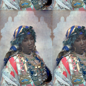 north africa Tangiers Morocco black woman portrait Victorian POC people of color WOC headdress head wrap ethnic cultural beauty beautiful lady gold pearls crystals embroidery jewelry necklaces red blue white vintage antique 19th century colorful