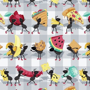 Small scale // Ants picnic frenzy // grey background multicoloured food apples, bananas, cookies, pizza, sausages, french fries, cheese, sandwiches and broccoli  
