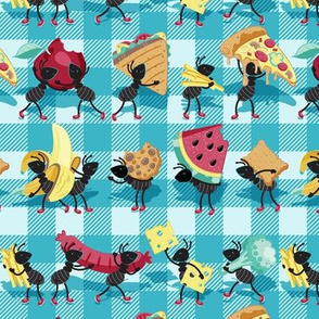 Small scale // Ants picnic frenzy // blue background multicoloured food apples, bananas, cookies, pizza, sausages, french fries, cheese, sandwiches and broccoli  
