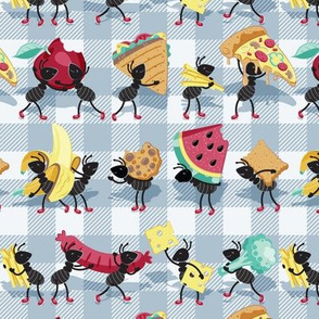 Small scale // Ants picnic frenzy // pastel blue background multicoloured food apples, bananas, cookies, pizza, sausages, french fries, cheese, sandwiches and broccoli  