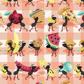 Small scale // Ants picnic frenzy // coral flesh background multicoloured food apples, bananas, cookies, pizza, sausages, french fries, cheese, sandwiches and broccoli  