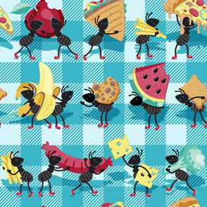 Normal scale // Ants picnic frenzy // blue background multicoloured food apples, bananas, cookies, pizza, sausages, french fries, cheese, sandwiches and broccoli  