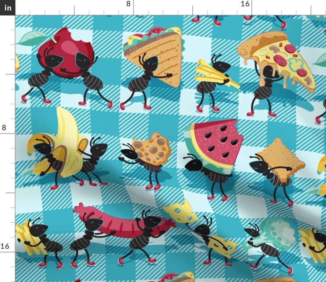 Normal scale // Ants picnic frenzy // blue background multicoloured food apples, bananas, cookies, pizza, sausages, french fries, cheese, sandwiches and broccoli  