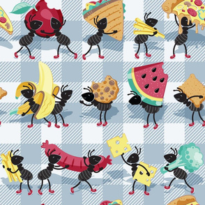 Normal scale // Ants picnic frenzy // pastel blue background multicoloured food apples, bananas, cookies, pizza, sausages, french fries, cheese, sandwiches and broccoli  