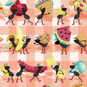 Normal scale // Ants picnic frenzy // coral flesh background multicoloured food apples, bananas, cookies, pizza, sausages, french fries, cheese, sandwiches and broccoli  