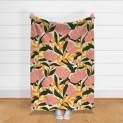 Mid century garden floral blooms - textured pink, green, mustard yellow, and tan - large
