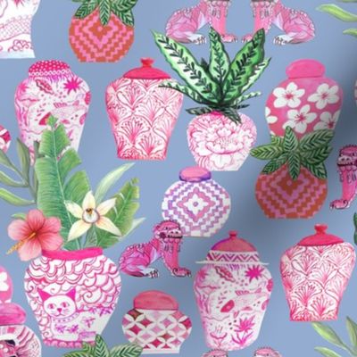 pink  ginger jar , slate blue Chinoiserie fabric and wallpaper chinese jars Chinoiserie