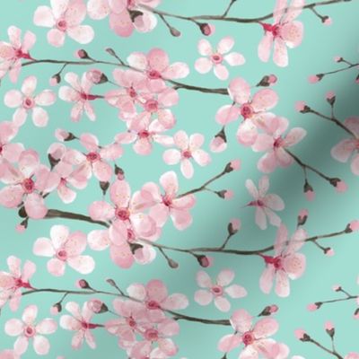 pink cherry blossom in watercolor on mint