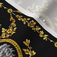 2 marble medusa bows ribbons baroque rococo black gold  white flowers floral Victorian festoon medallions drops round circle frame  wreaths laurel leaves leaf swags ornate acanthus gorgons Greek Greece mythology   inspired    