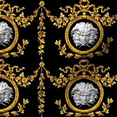 2 marble medusa bows ribbons baroque rococo black gold  white flowers floral Victorian festoon medallions drops round circle frame  wreaths laurel leaves leaf swags ornate acanthus gorgons Greek Greece mythology   inspired    