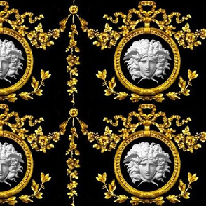 2 marble medusa bows ribbons baroque rococo black gold  white flowers floral Victorian festoon medallions drops round circle frame  wreaths laurel leaves leaf swags ornate acanthus gorgons Greek Greece mythology   inspired    