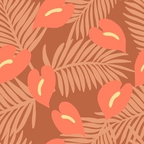 Anthuriums and fronds on brown