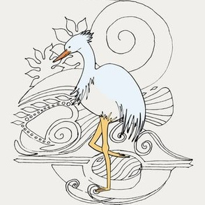 Art Nouveau small Crane, Heron, Egret bird on cream