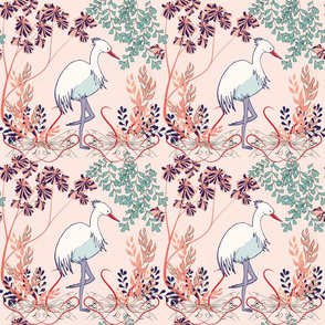 Art Nouveau Crane, Heron, Egret bird on pink