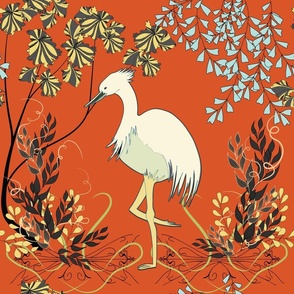 Art Nouveau Crane, Heron, Egret bird on Orange