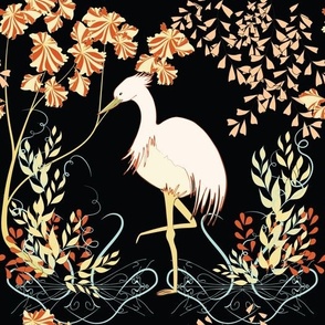 Art Nouveau Crane, Heron, Egret bird on black
