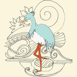Art Nouveau Crane, Heron, Egret bird on cream