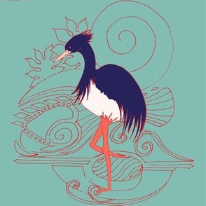 Art Nouveau Crane, Heron, Egret bird on green