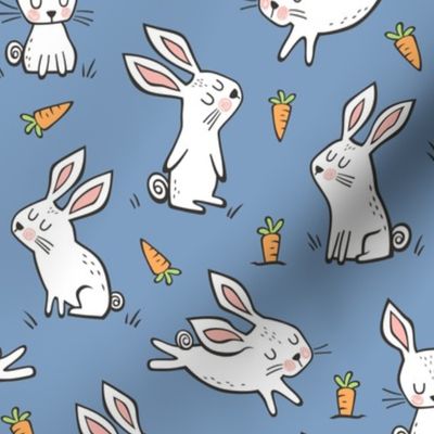 Bunnies Rabbits & Carrots On Dark Navy Blue
