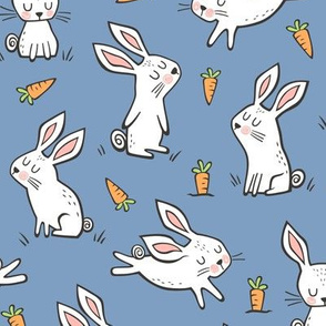 Bunnies Rabbits & Carrots On Dark Navy Blue